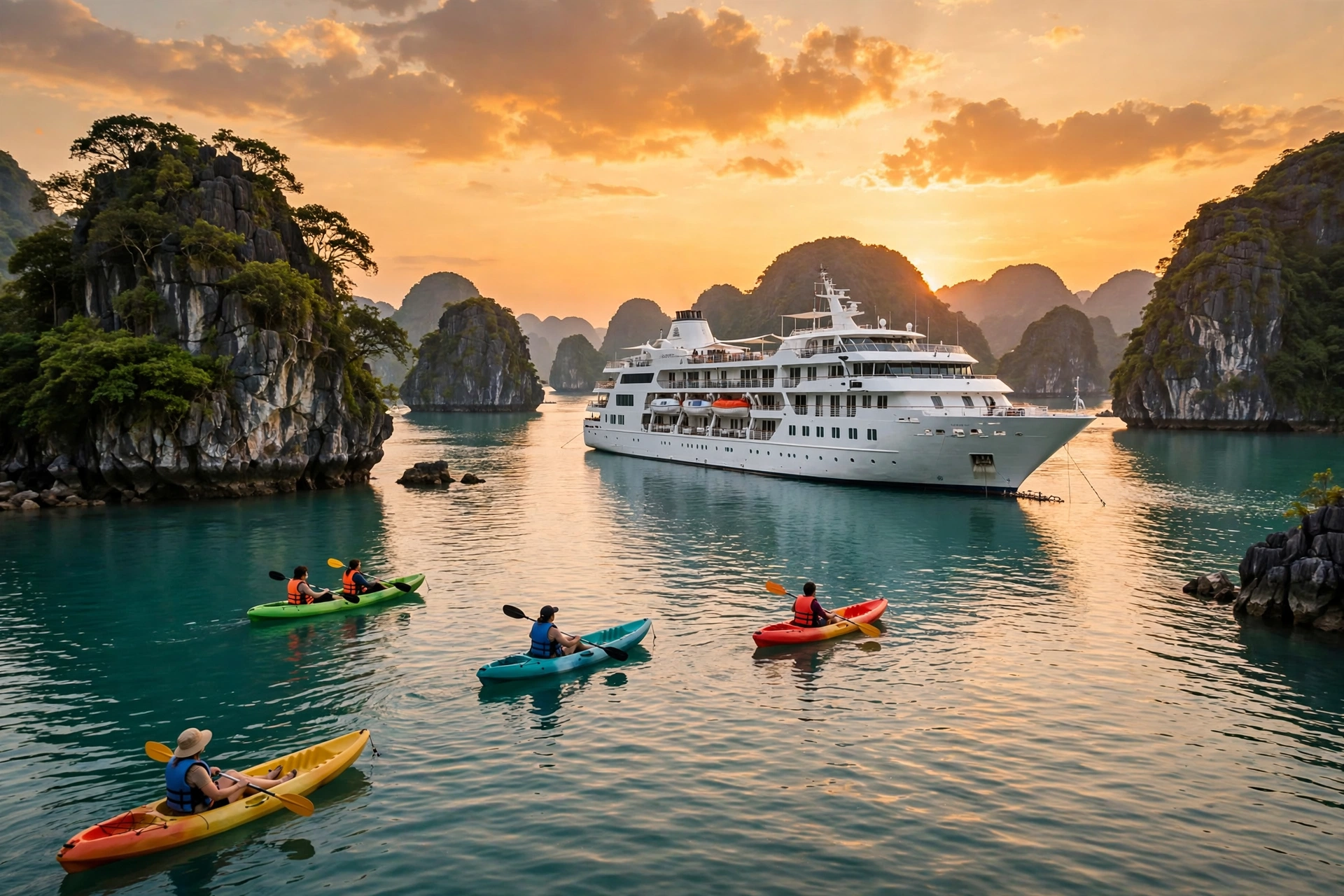 Luxury cruise ship and kayaks on Lan Ha Bay at sunset