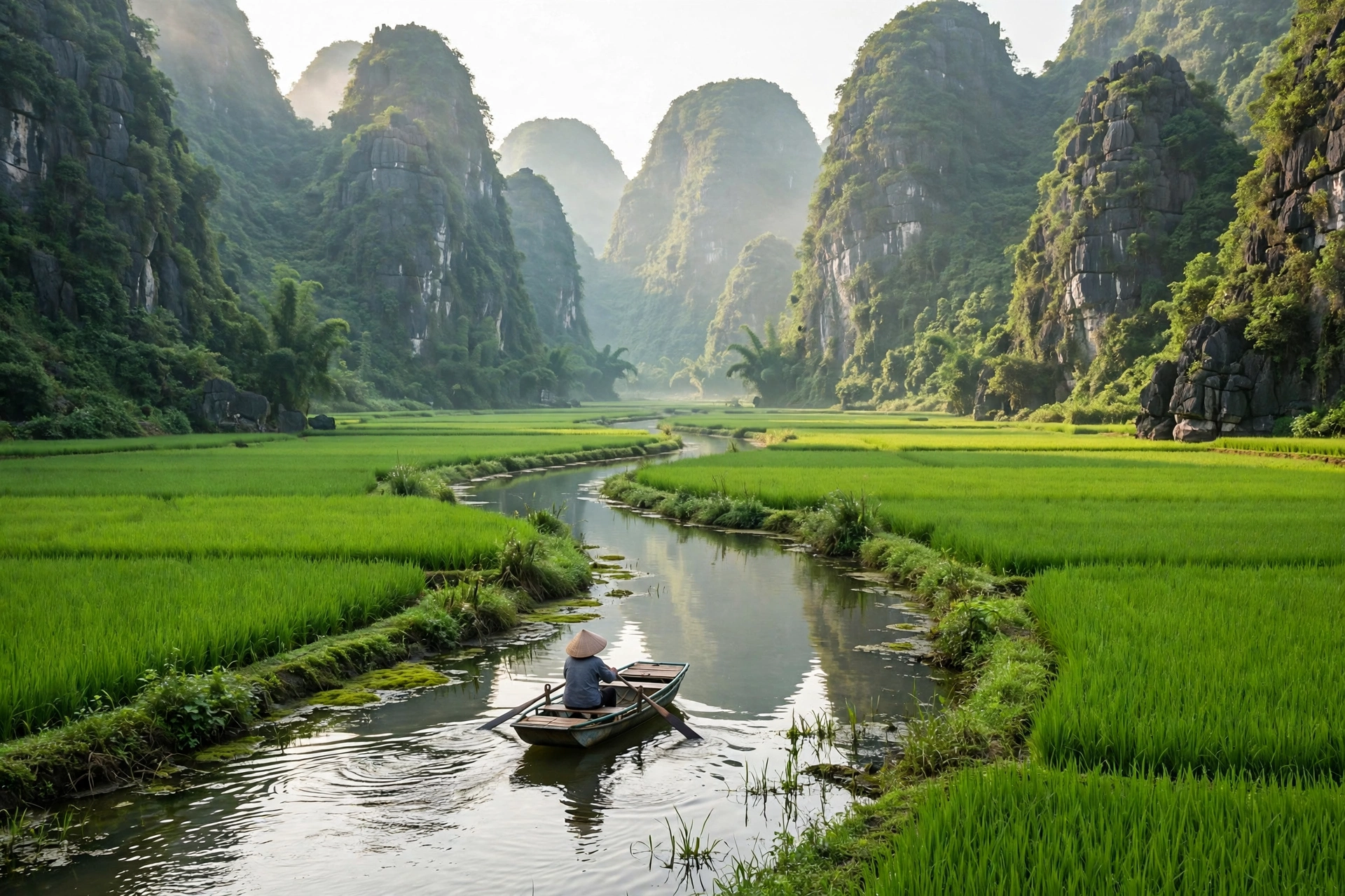 Boat on the Tam Coc river between limestone mountains and rice fields in Ninh Binh