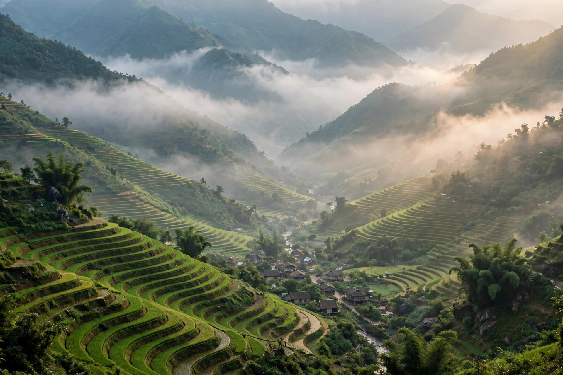 Terraced rice fields and a village in the misty mountains of Sapa